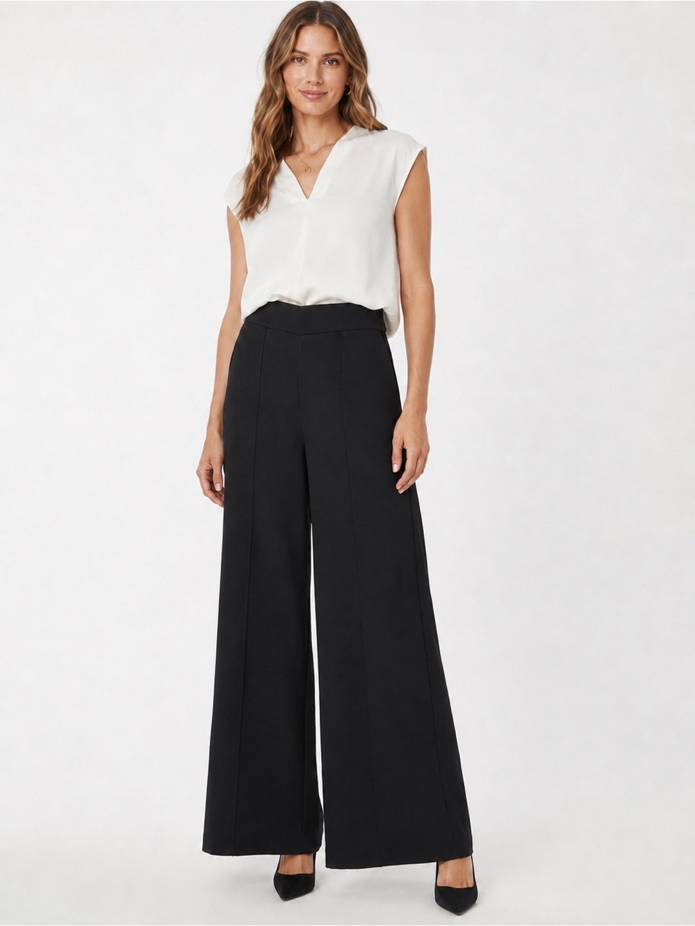 Jones New York Black Wide Leg Pants SZ Large High Rise Stretch Career Minimalist